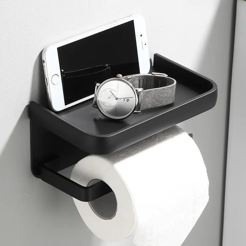 Toiletrolhouder Aluminium Zwart 18.3cm Met Plank Wandmontage Badkamer Telefoonhouder Opbergrek Modern Minimalistisch | Sansoti