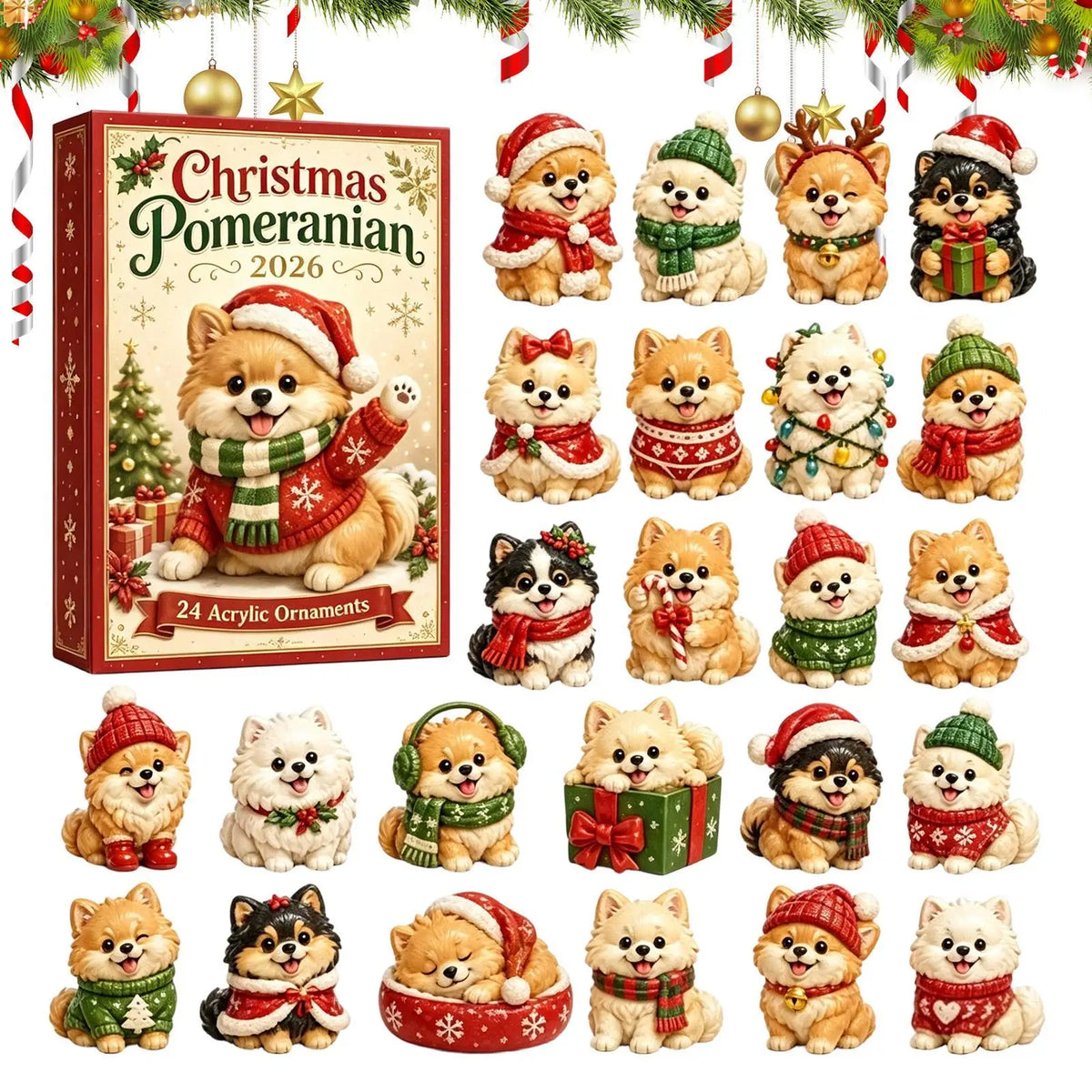 Honden Adventskalender met 24 Acryl Hondenhangers Kerstdecoratie Aftellen Kerstboom Wanddecoratie Feestdagen | Sansoti