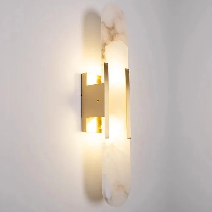 Wandleuchte aus Naturstein mit schwarzem und goldenem Metallschirm 35 cm 50 cm LED-Beleuchtung für Schlafzimmer und Wohnzimmer | Sansoti