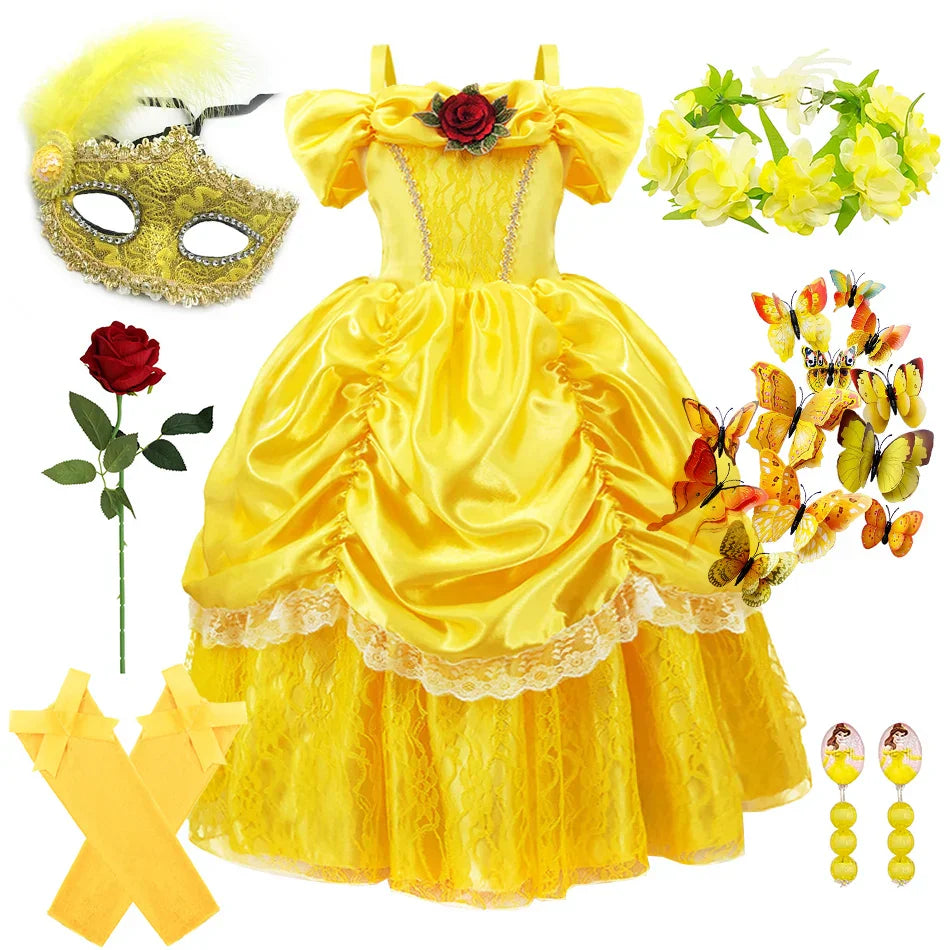 Prinsessenjurk voor Kinderen Cosplay Kostuum met Tiara en Accessoires Geel | Sansoti
