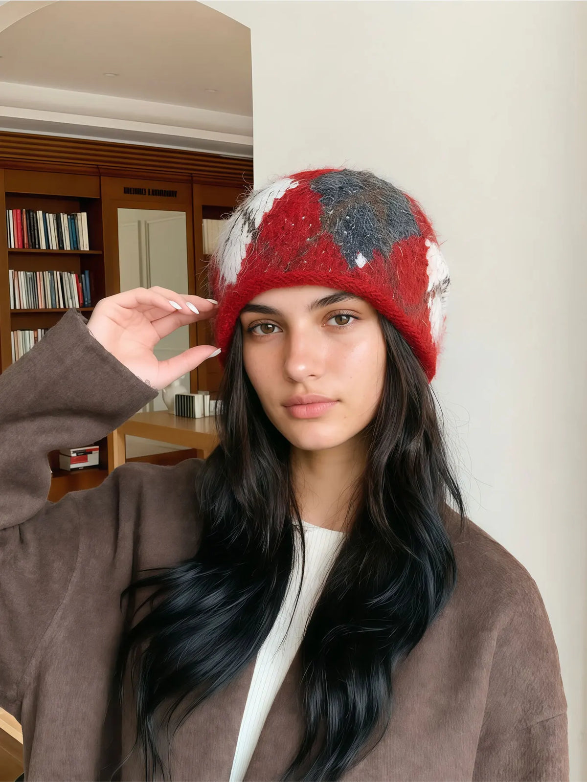 Knitted Hat with Ear Flaps Plaid Pattern Unisex Winter Hat Warm Retro Diamond Plaid Wool Headwear Winter | Sansoti