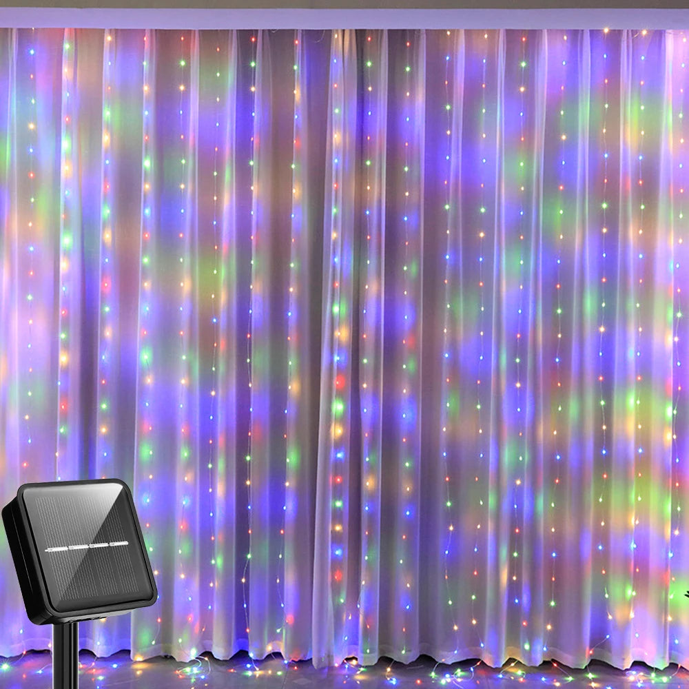 Guirlande lumineuse solaire en rideau, 300 LED, résistante à l’eau, blanc chaud ou multicolore, décoration de jardin et éclairage de fête | Sansoti