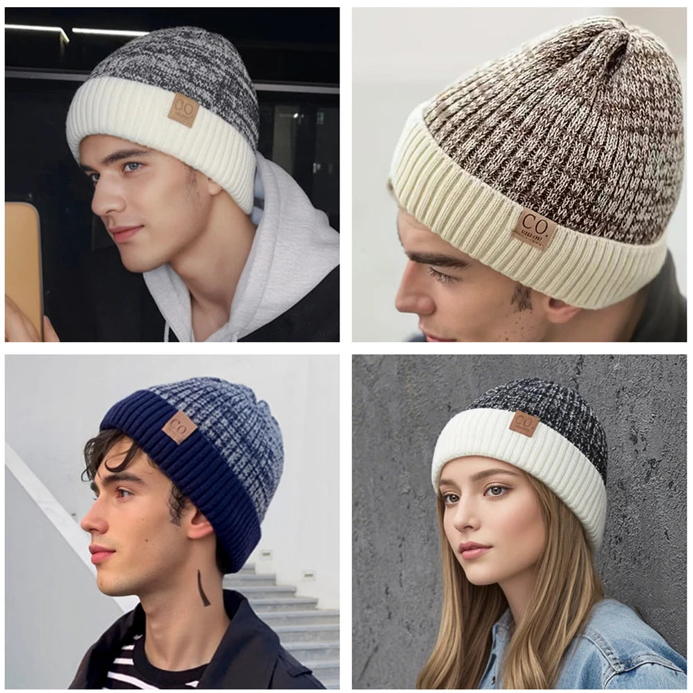 Wintermuts Unisex Bontvoering Gebreid Tweekleurig Design Beanie Heren Dames Warme Muts Casual Mode Streetwear | Sansoti