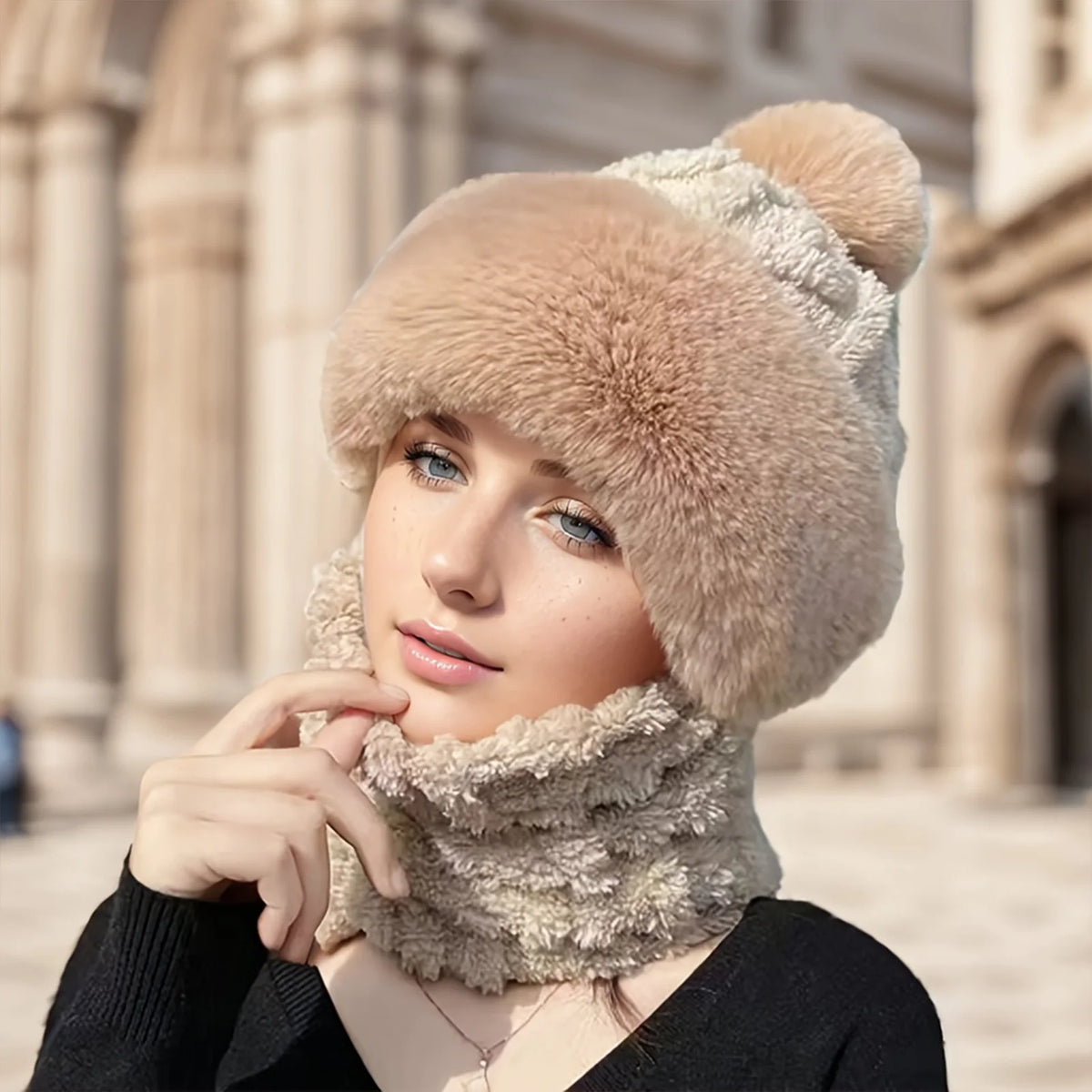 Fleece Balaclava with Pom-Pom Black Beige Khaki – Winter Hat Scarf Neck Warmer Hood Women Men Cycling | Sansoti