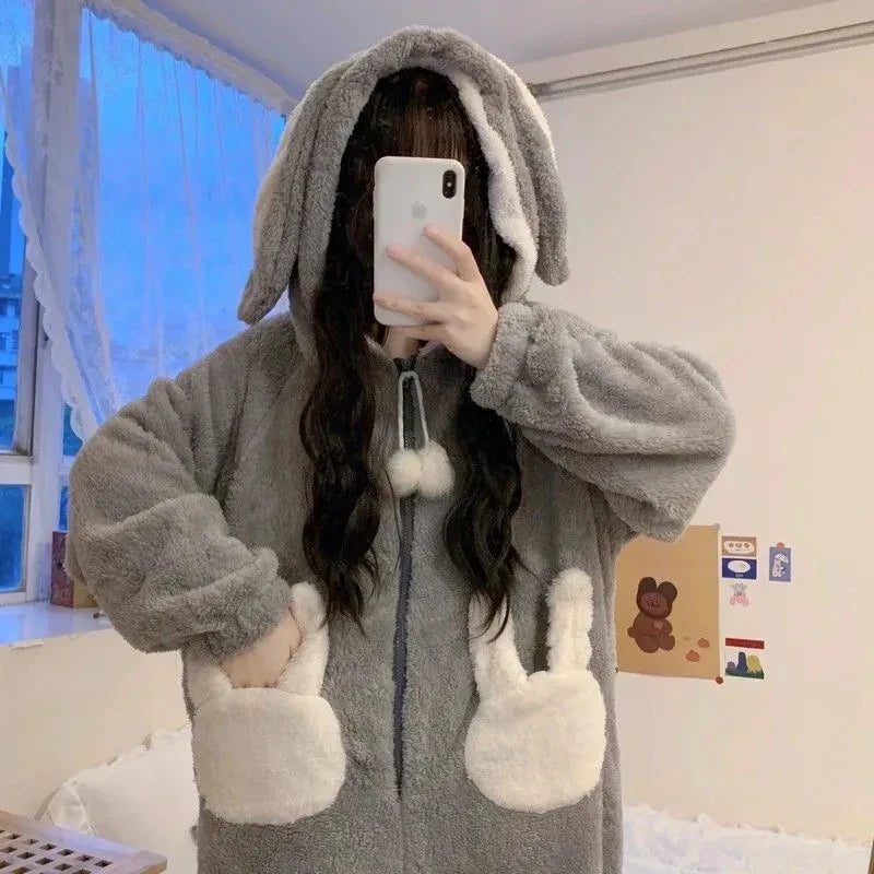 Combinaison-pyjama avec capuche et oreilles en velours chaud, vêtements d'intérieur pour femmes et hommes, tenue de nuit d'hiver et vêtements de détente | Sansoti