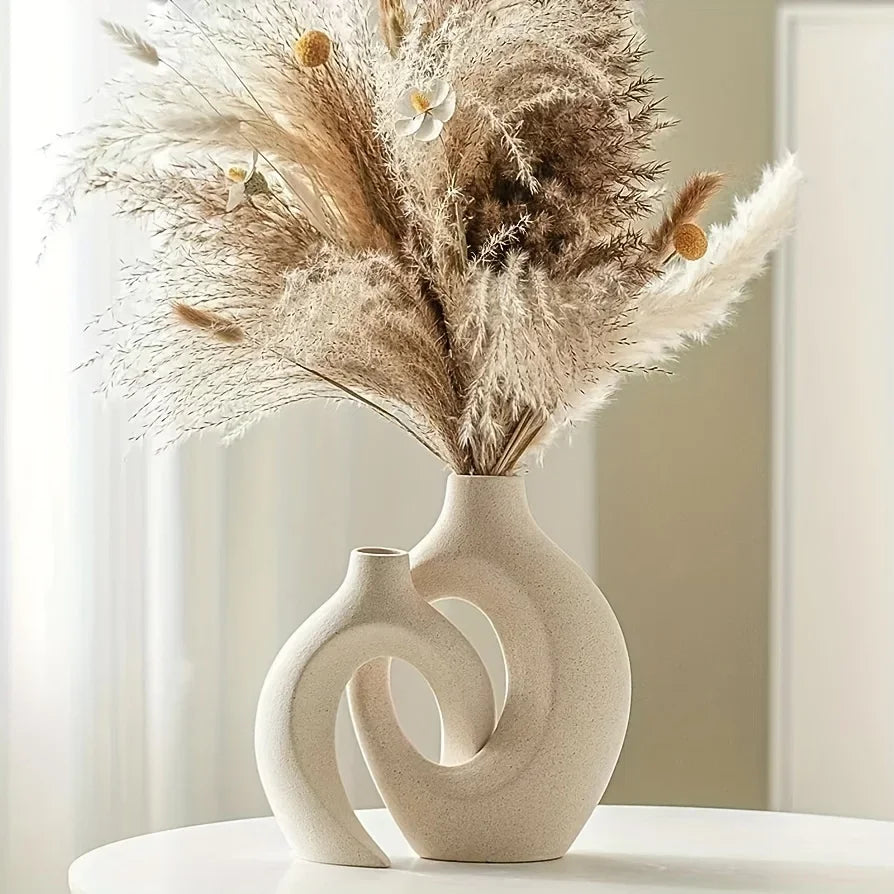 Keramische Vaas Set 2 Stuks Wit Boho Modern Woonkamer Decoratie Droogbloemen Minimalistisch Interieur | Sansoti