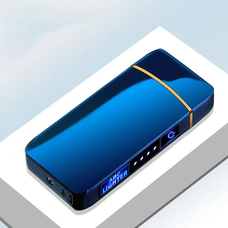 Elektronisches Plasma-Feuerzeug USB Wiederaufladbar Winddicht Metall Blau Für Kerzen Pfeife Mückenspiralen Doppelbogen Touchsensor LED Display | Restfield