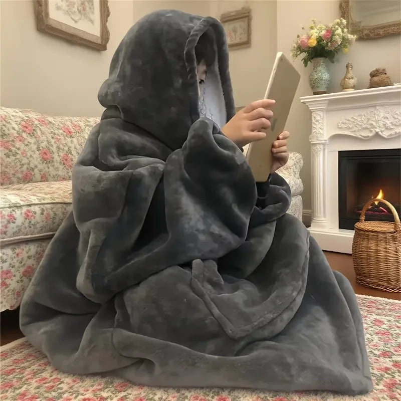 Wendbare Kapuzendecke aus Fleece, tragbar, mit Tasche, Oversized-Hausanzug, Loungewear, bequeme Hauskleidung | Sansoti