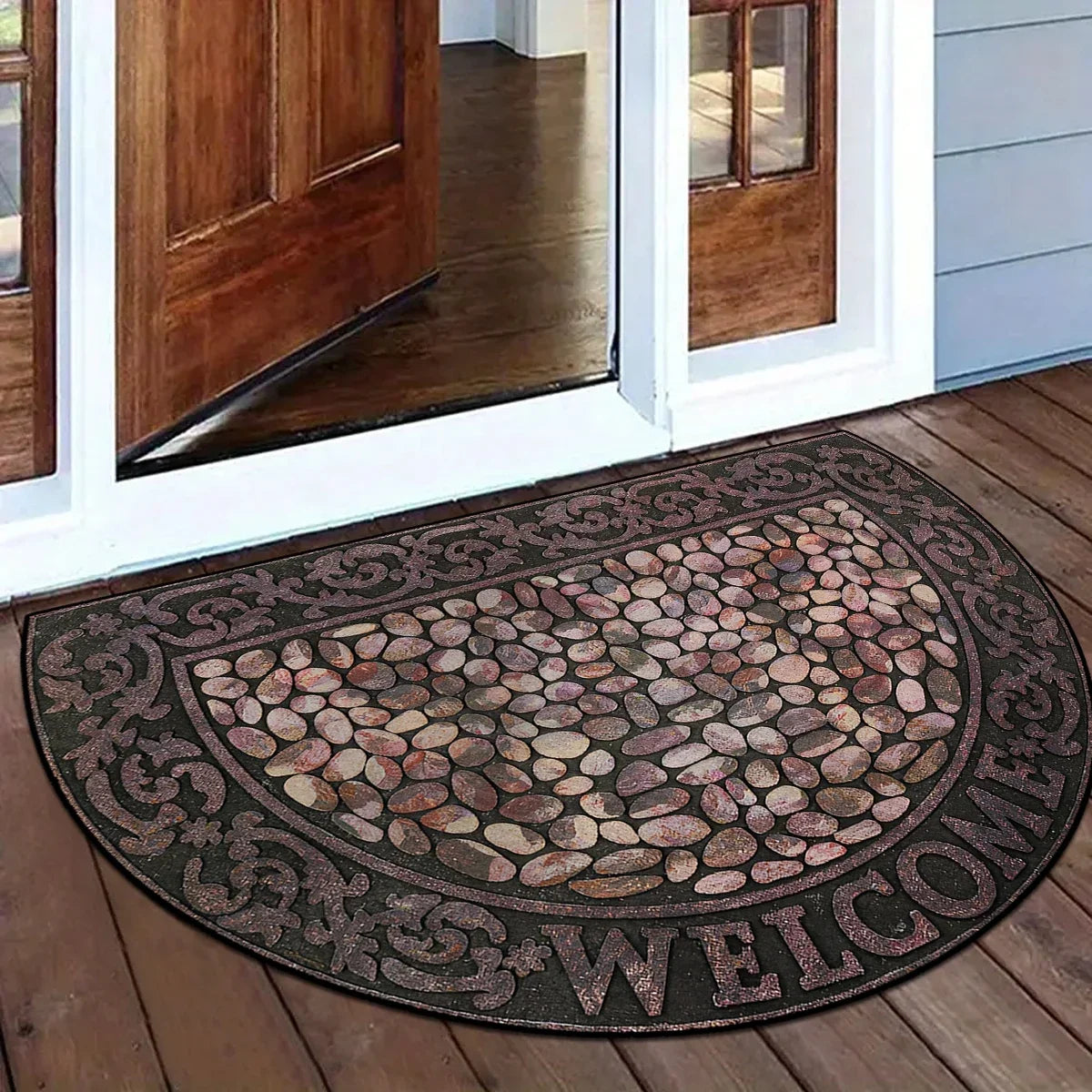 Paillasson semi-circulaire Motif mosaïque vintage Antidérapant extérieur Balcon Entrée Véranda Terrasse 60x90cm Résistant aux intempéries | Sansoti