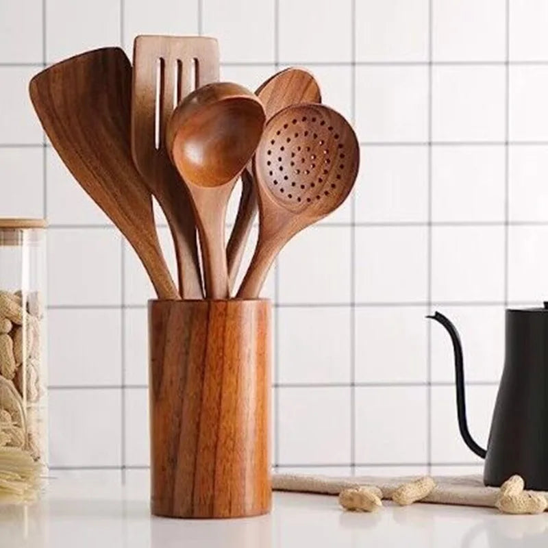 Keukengerei Set van Massief Teakhout 5 7 10-delig Natuurlijk Duurzaam Serveren Kookgerei Scandinavisch | Sansoti