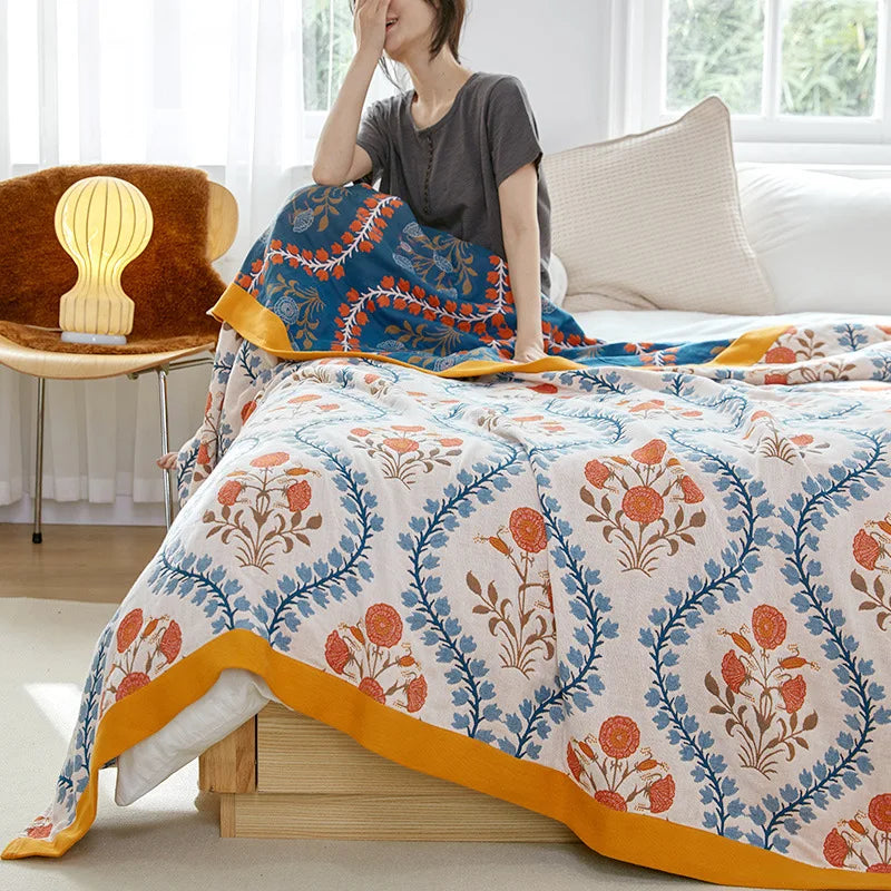 Baumwoll-Sommerdecke, garngefärbt, mit Blumenmuster, für Doppelbett, Landhausstil, leicht und atmungsaktiv | Sansoti