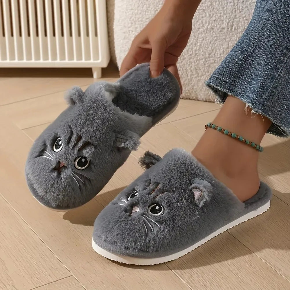 Women's House Slippers Cat Design Winter Warm Plush Non-Slip EVA Sole Comfortable Indoor Soft Cuddly | Sansoti