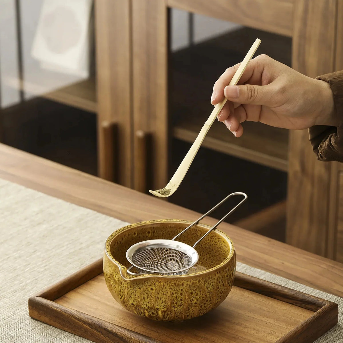 5-Piece Ceramic Bamboo Matcha Ceremony Set, Traditional Japanese Tea Set with Bowl, Whisk, Sifter, Spoon and Tea | Sansoti