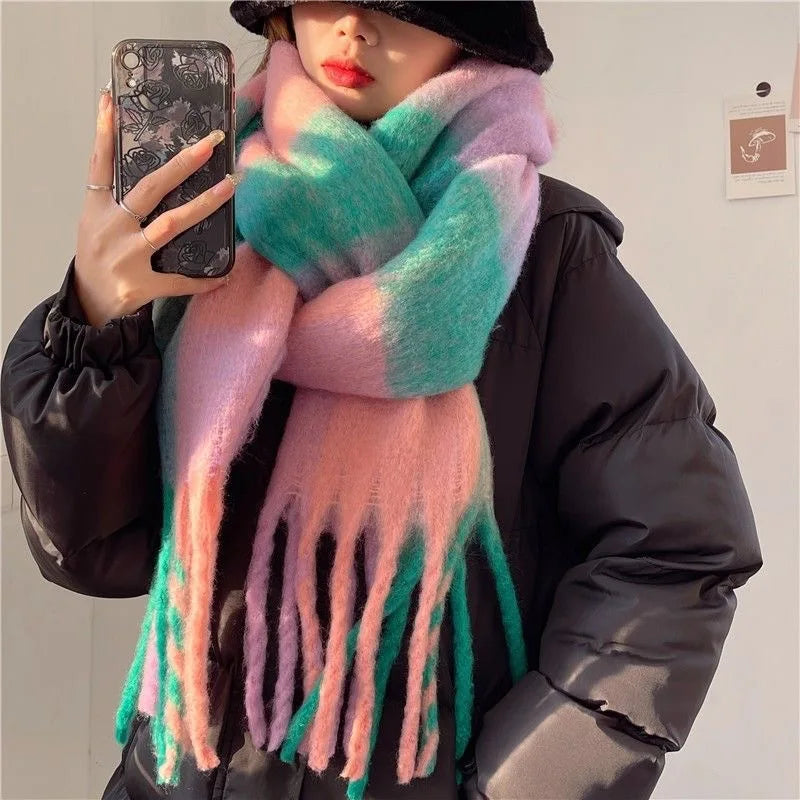 Gradient Winter Scarf Large Size Thickly Woven Warm Wrap with Fringes Soft Scarf for Women 7 Colors | Sansoti