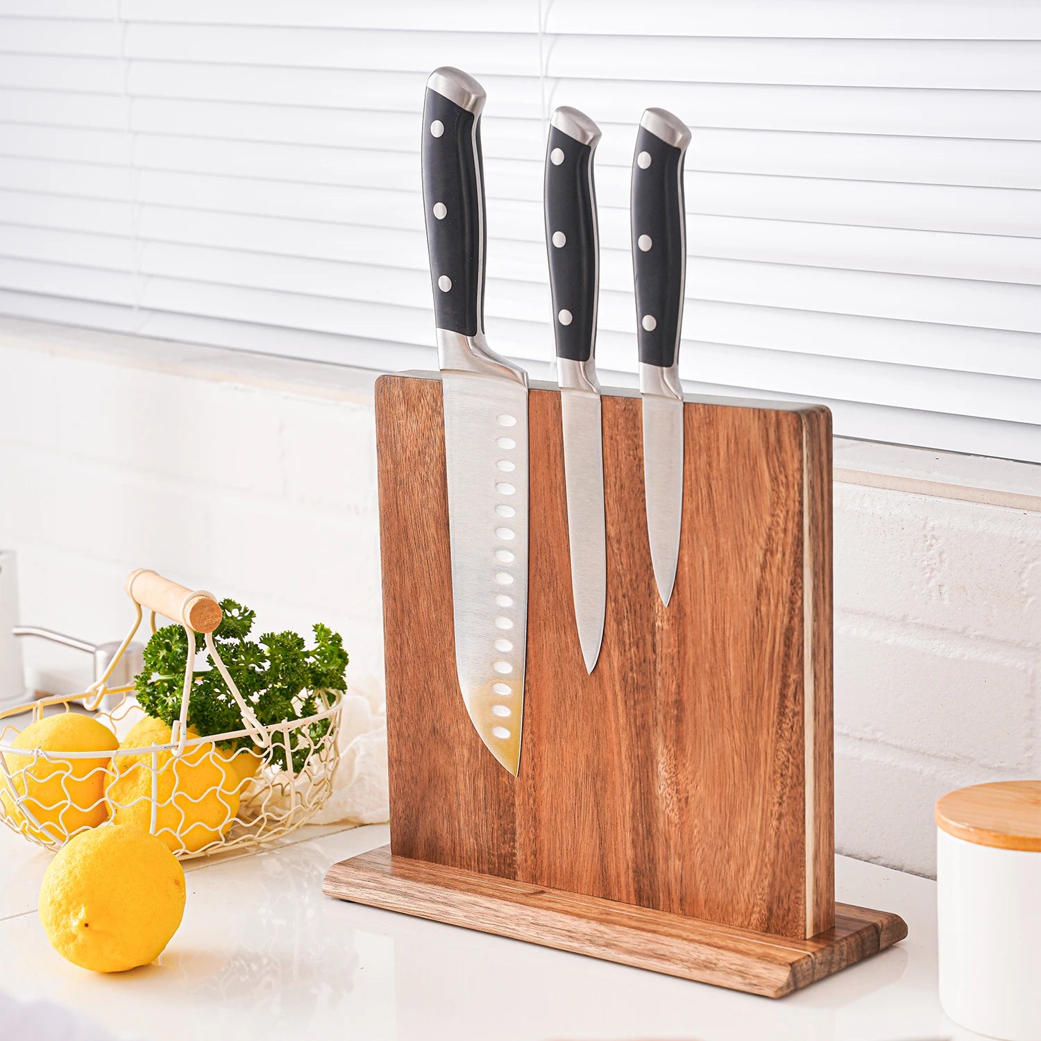 Magnetische Messenhouder Acaciahout Keuken Messenblok Standaard Tafelblad Opbergrek Zonder Boren Knifeblock Naturel | Sansoti