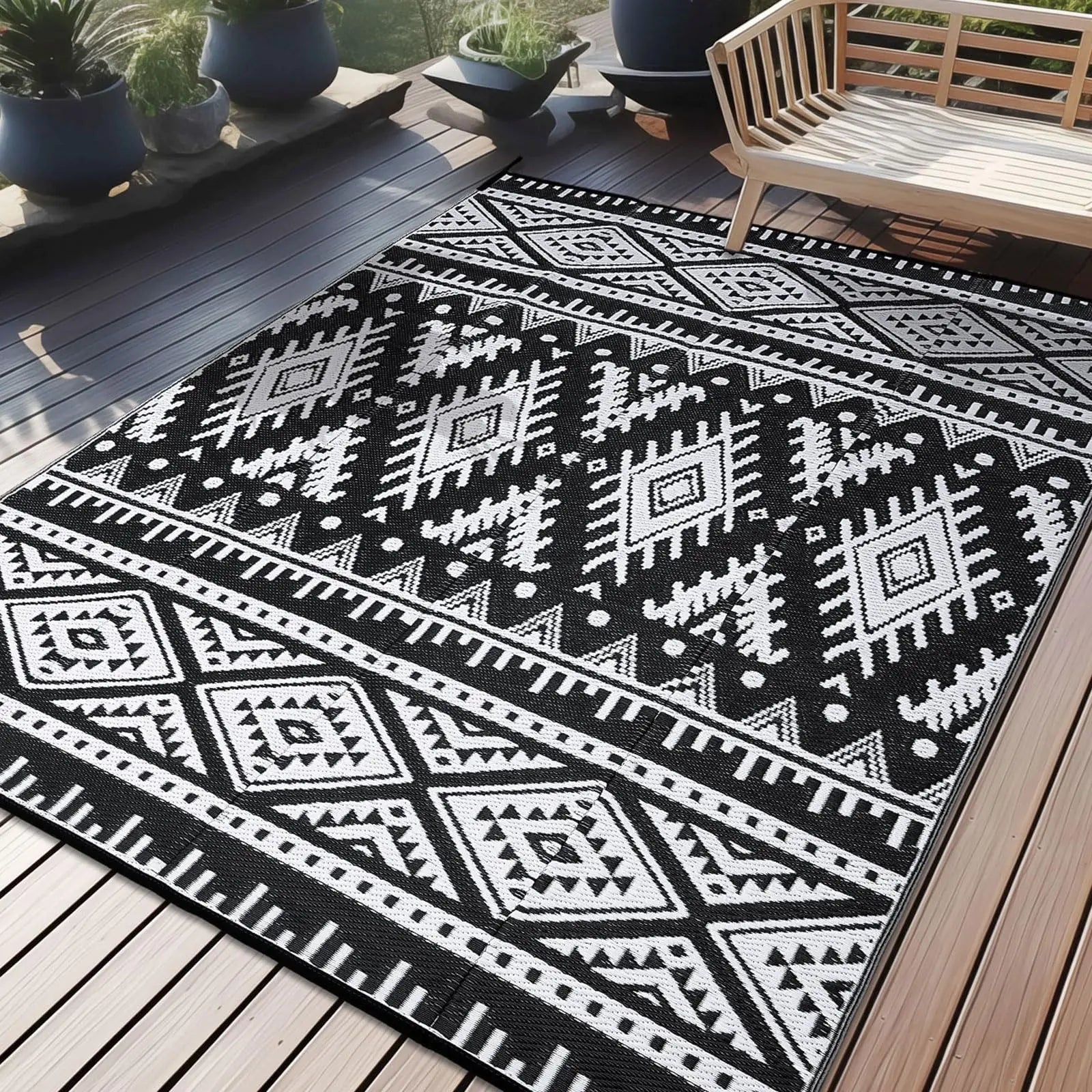 Buitenkleed Gevlochten Plastic Zwart Wit Bohemian Omkeerbaar Terrakleed Campingmat Tuinkleed | Sansoti