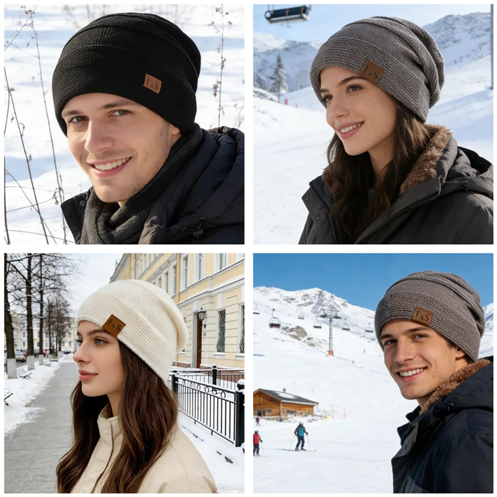 Knitted Slouchy Beanie Winter Hat Lined with Fleece Unisex Casual Streetwear Adults Head Circumference 56-60cm | Sansoti