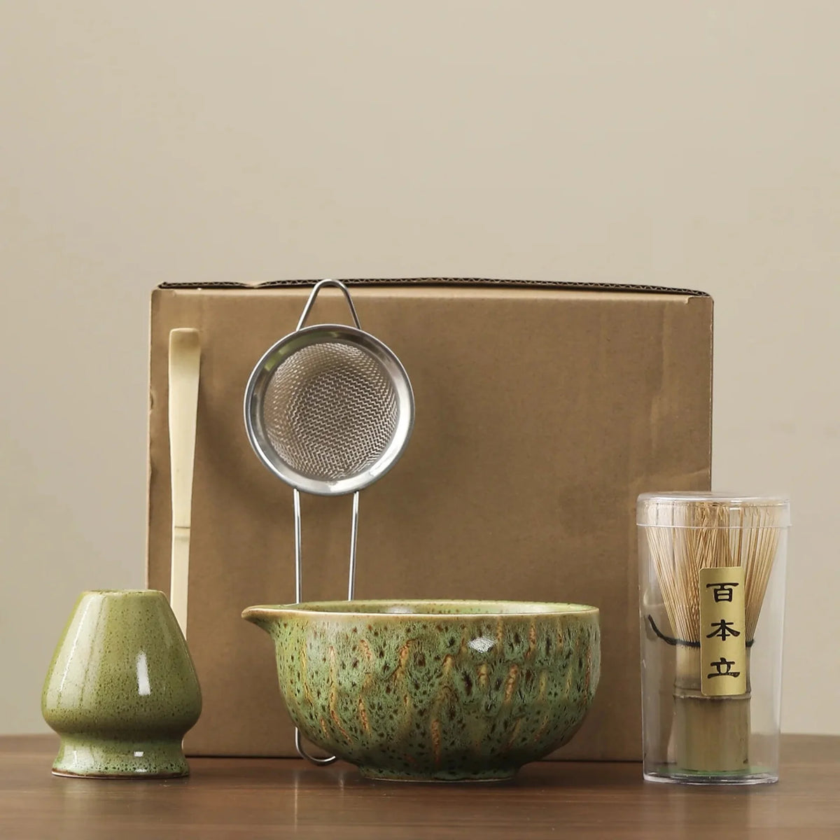 5-Piece Ceramic Bamboo Matcha Ceremony Set, Traditional Japanese Tea Set with Bowl, Whisk, Sifter, Spoon and Tea | Sansoti