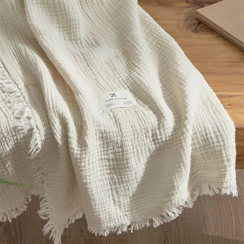 Cotton Throw 6 Layers Soft Breathable Fringed Knitted Blanket Bed Sofa Lightweight Summer Throw Mussel Beige Knitted Bedspread | Sansoti