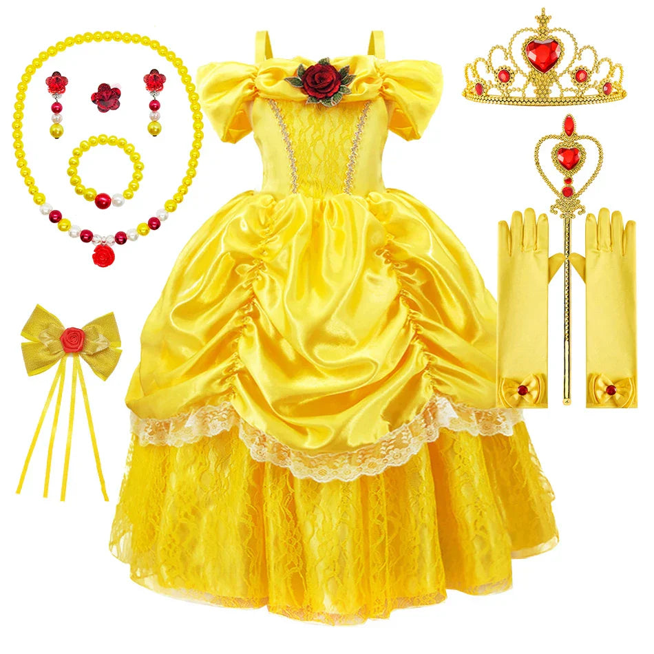 Prinsessenjurk voor Kinderen Cosplay Kostuum met Tiara en Accessoires Geel | Sansoti