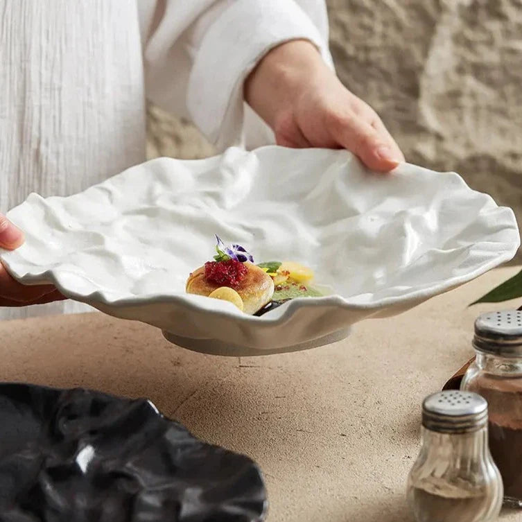 Keramische Schaal met Getijdenrimpel Effect Wit Zwart Coastal Servies 23cm 28cm | Sansoti