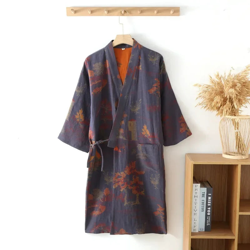 Katoenen Kimono Ochtendjas voor Mannen Lange Badjas Lichtgewicht Huisjas met V-hals Bedrukt Katoen Loungewear | Sansoti