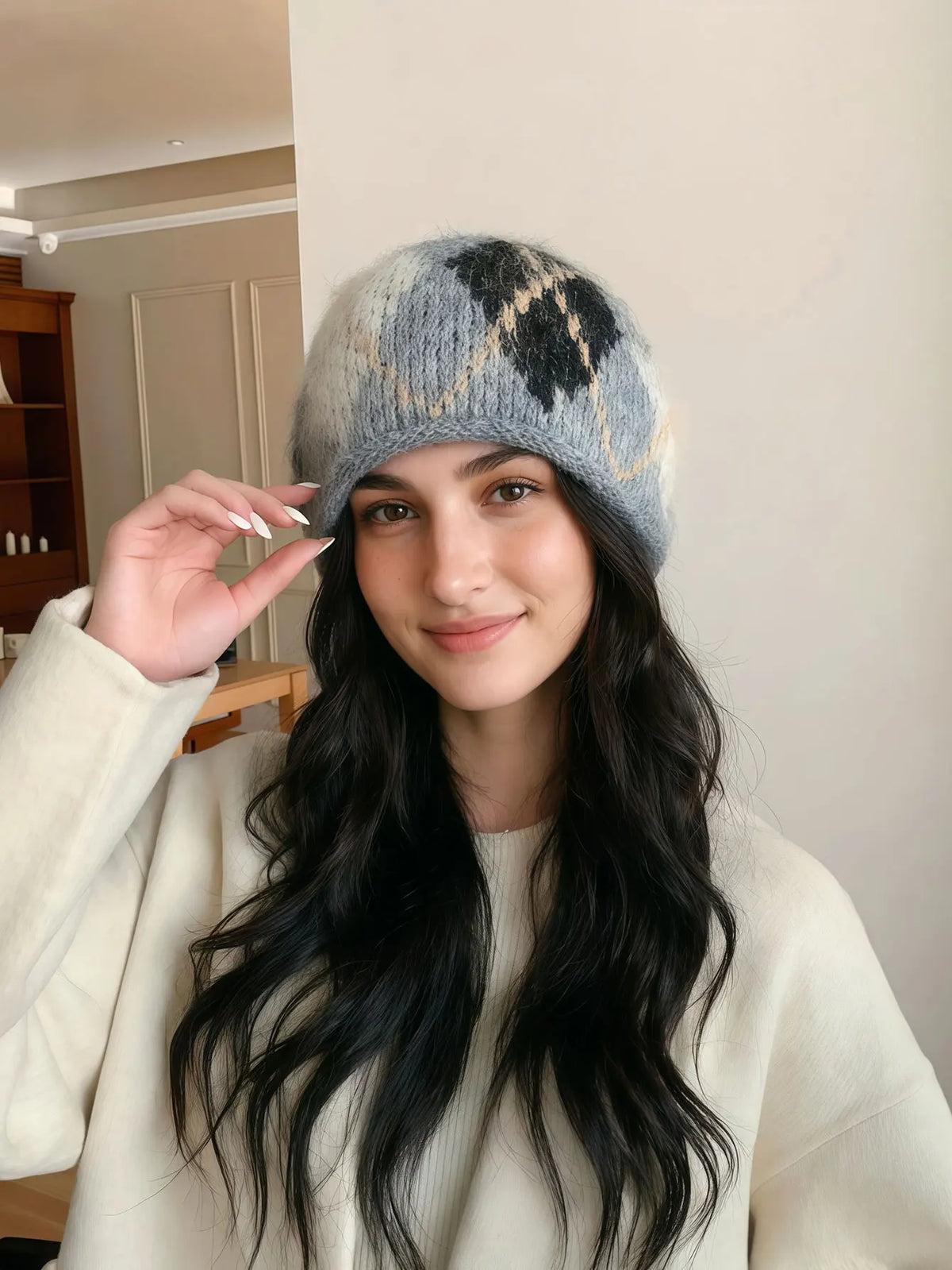 Knitted Hat with Ear Flaps Plaid Pattern Unisex Winter Hat Warm Retro Diamond Plaid Wool Headwear Winter | Sansoti