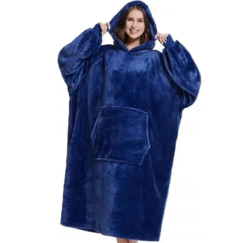 Wendbare Kapuzendecke aus Fleece, tragbar, mit Tasche, Oversized-Hausanzug, Loungewear, bequeme Hauskleidung | Sansoti