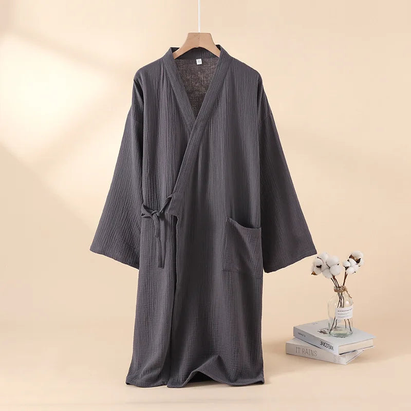 Kimono Badjas Katoen Dames Heren Unisex Dun Geweven Ochtendjas Lange Mouw Kamerjas voor Wellness Sauna Spa | Sansoti