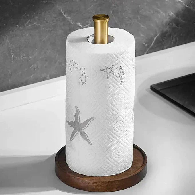 Küchenrollenhalter aus Walnussholz mit Messingständer, freistehendes Küchenaccessoire, langlebiges skandinavisches Design | Sansoti