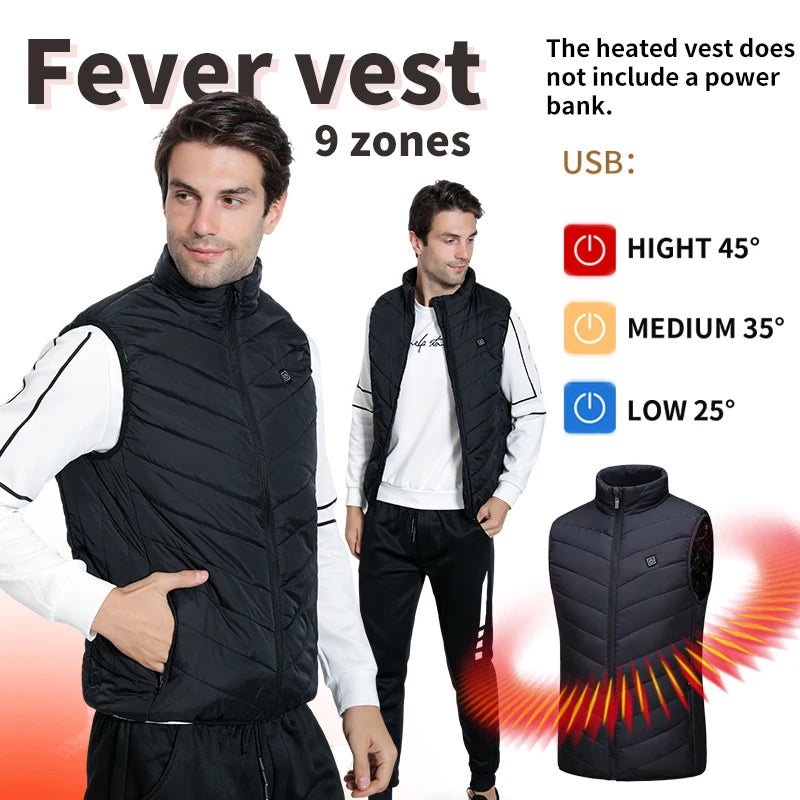 Heated Men's Vest 9 Heating Zones USB Winter Vest Outdoor Casual Thermal Lined Warm Vest | Sansoti