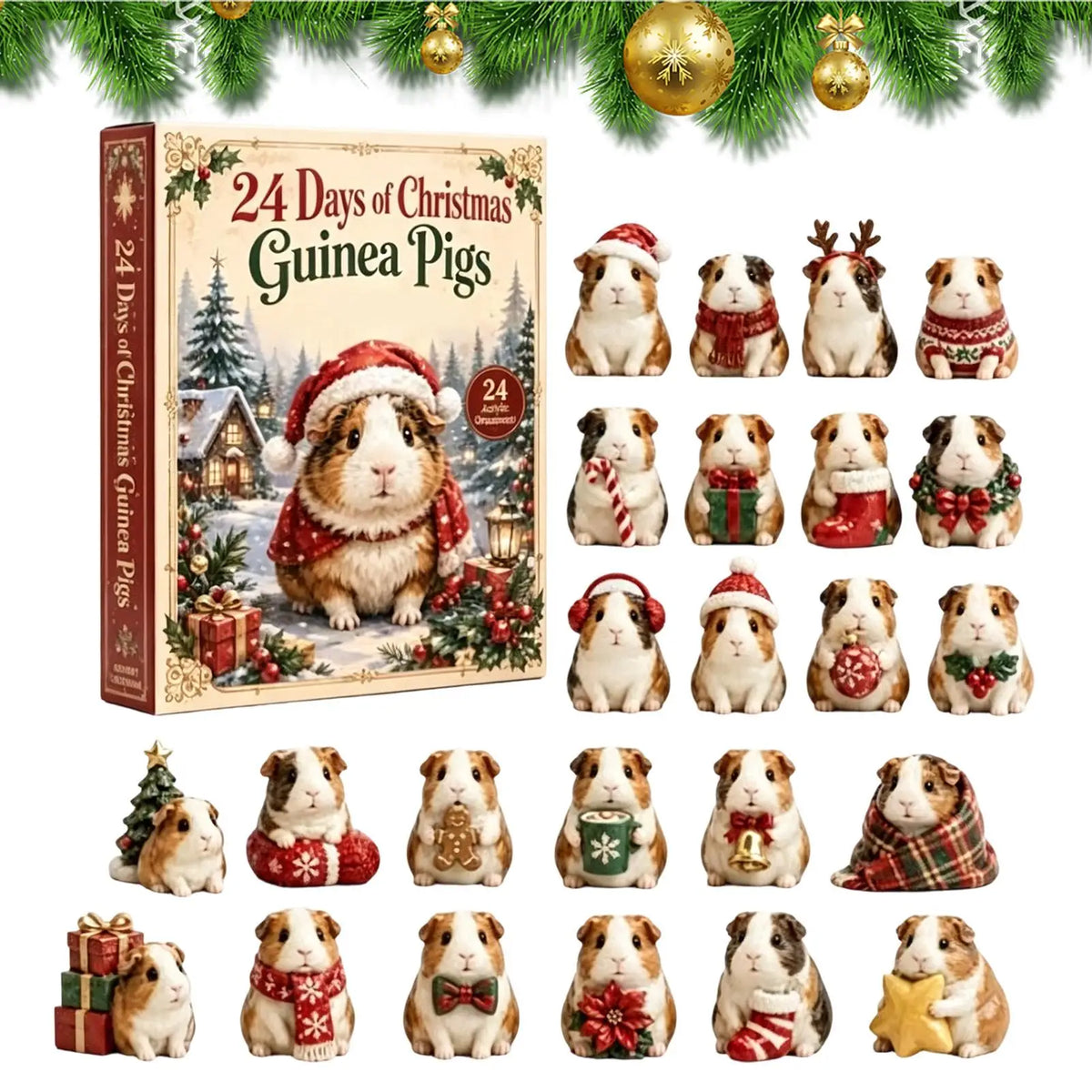 Hanging Acrylic Advent Calendar with 24 Guinea Pig Ornaments Christmas Tree Decoration December Holiday Countdown | Sansoti