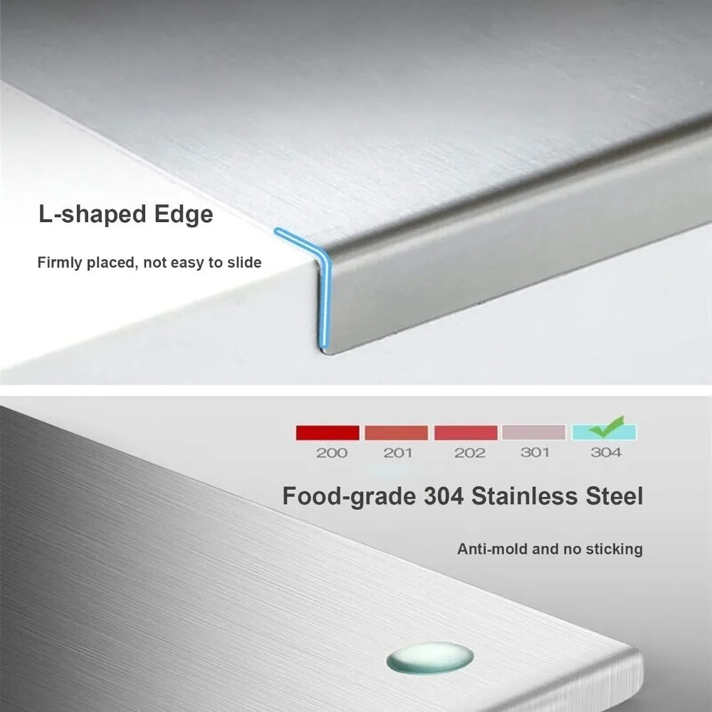 Planche à découper en acier inoxydable avec bord antidérapant, acier 304 antibactérien et hygiénique pour légumes, viande, poisson et pâtisseries, cuisine | Sansoti