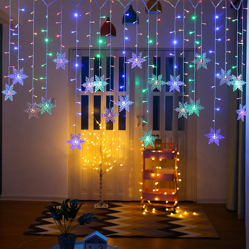 LED-lichtgordijn sneeuwvlok 320cm decoratief met acht standen koperdraad warm wit sfeervol voor feestverlichting | Sansoti