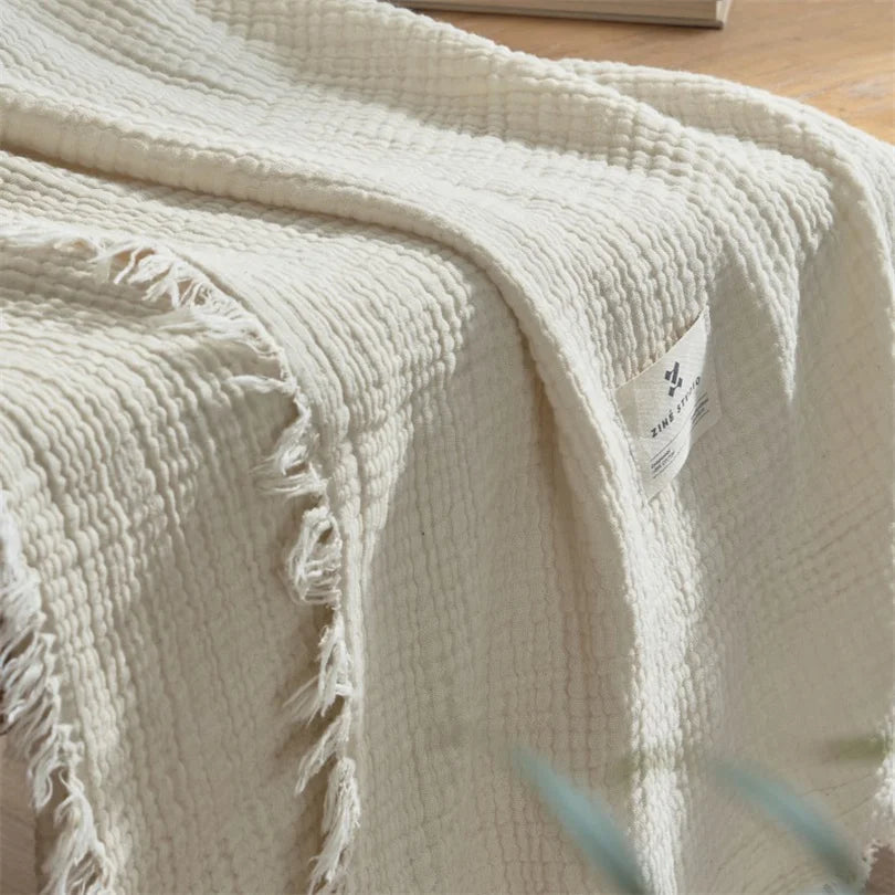 Cotton Throw 6 Layers Soft Breathable Fringed Knitted Blanket Bed Sofa Lightweight Summer Throw Mussel Beige Knitted Bedspread | Sansoti