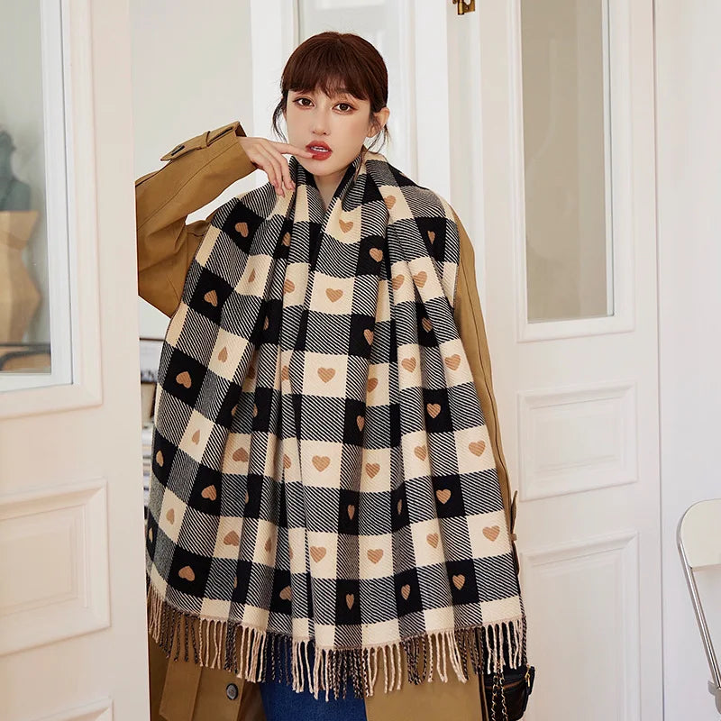 Knitted blanket scarf for women, warm polyester plaid wrap, oversized winter accessory scarf | Sansoti