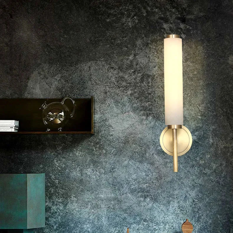 Applique murale cylindrique en marbre albâtre moderne noir et or LED 48cm pour hall, chambre et salon - éclairage d’ambiance | Sansoti