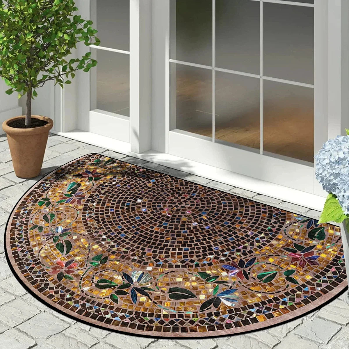 Paillasson semi-circulaire Motif mosaïque vintage Antidérapant extérieur Balcon Entrée Véranda Terrasse 60x90cm Résistant aux intempéries | Sansoti