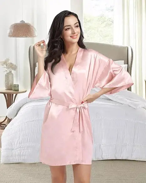 Kimono satiné robe de chambre pour femme à manches courtes bleu marine, vêtement d’intérieur soyeux, peignoir, tenue de nuit | Sansoti