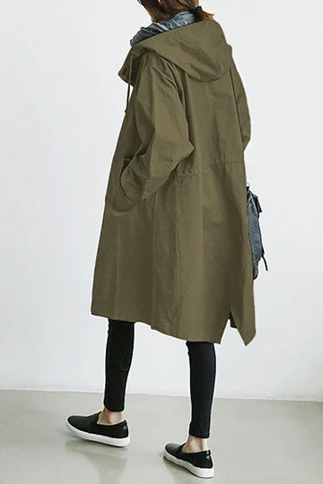 Windbestendige Dames Trenchcoat met Capuchon – Midi-Lengte Knoop Overjas Relaxed Fit | Sansoti