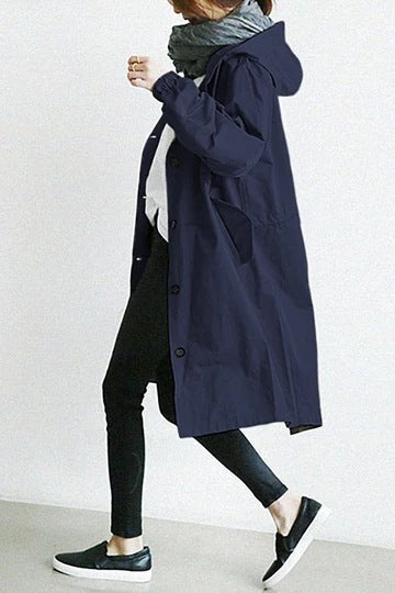 Windbestendige Dames Trenchcoat met Capuchon – Midi-Lengte Knoop Overjas Relaxed Fit | Sansoti