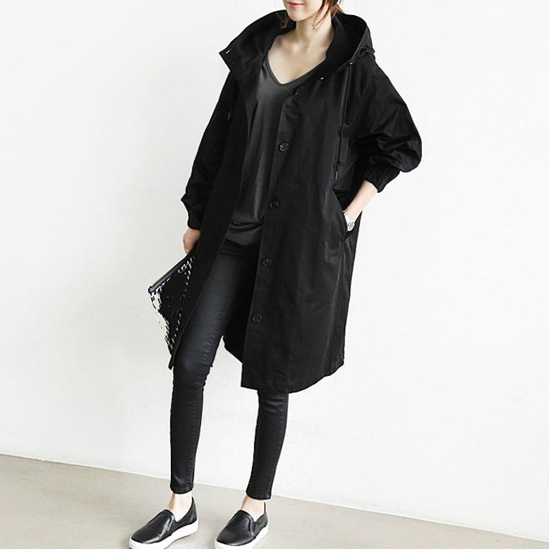 Windbestendige Dames Trenchcoat met Capuchon – Midi-Lengte Knoop Overjas Relaxed Fit | Sansoti