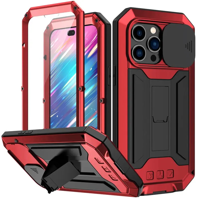 Phone Case with Integrated Screen Protector for iPhone 14 13 Mini Pro Max Rugged Military Black Red | Sansoti