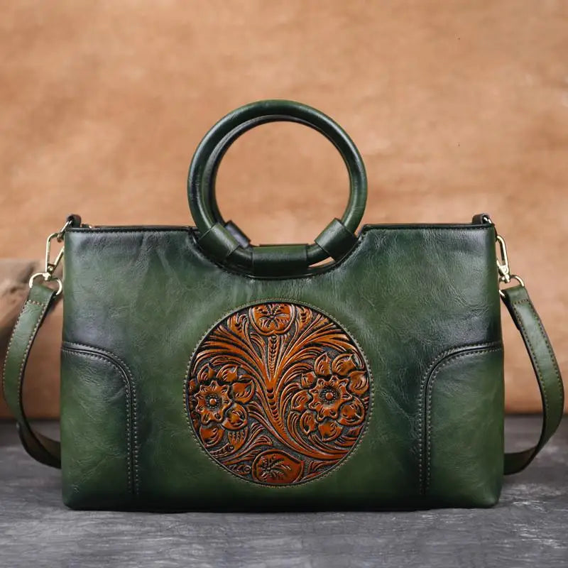 Handgemaakte Leren Damestas met Vintage Reliëfpatroon Schoudertas Elegante Dagtas Retro Design Stijlvol | Sansoti