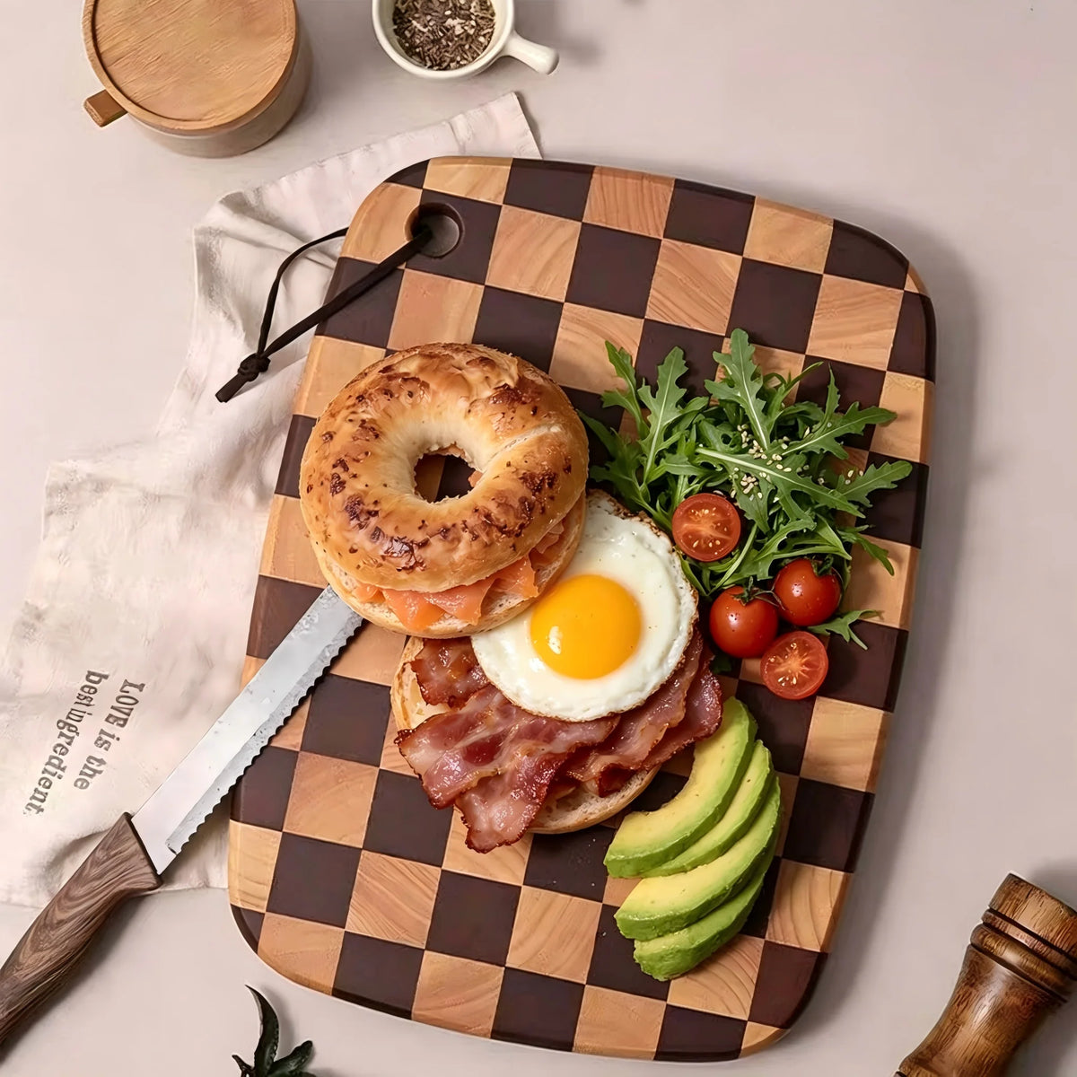 Planche à découper en bois à motif en damier, en hévéa, planche de service résistante aux coupures, antibactérienne, pour la viande et les légumes en cuisine | Sansoti