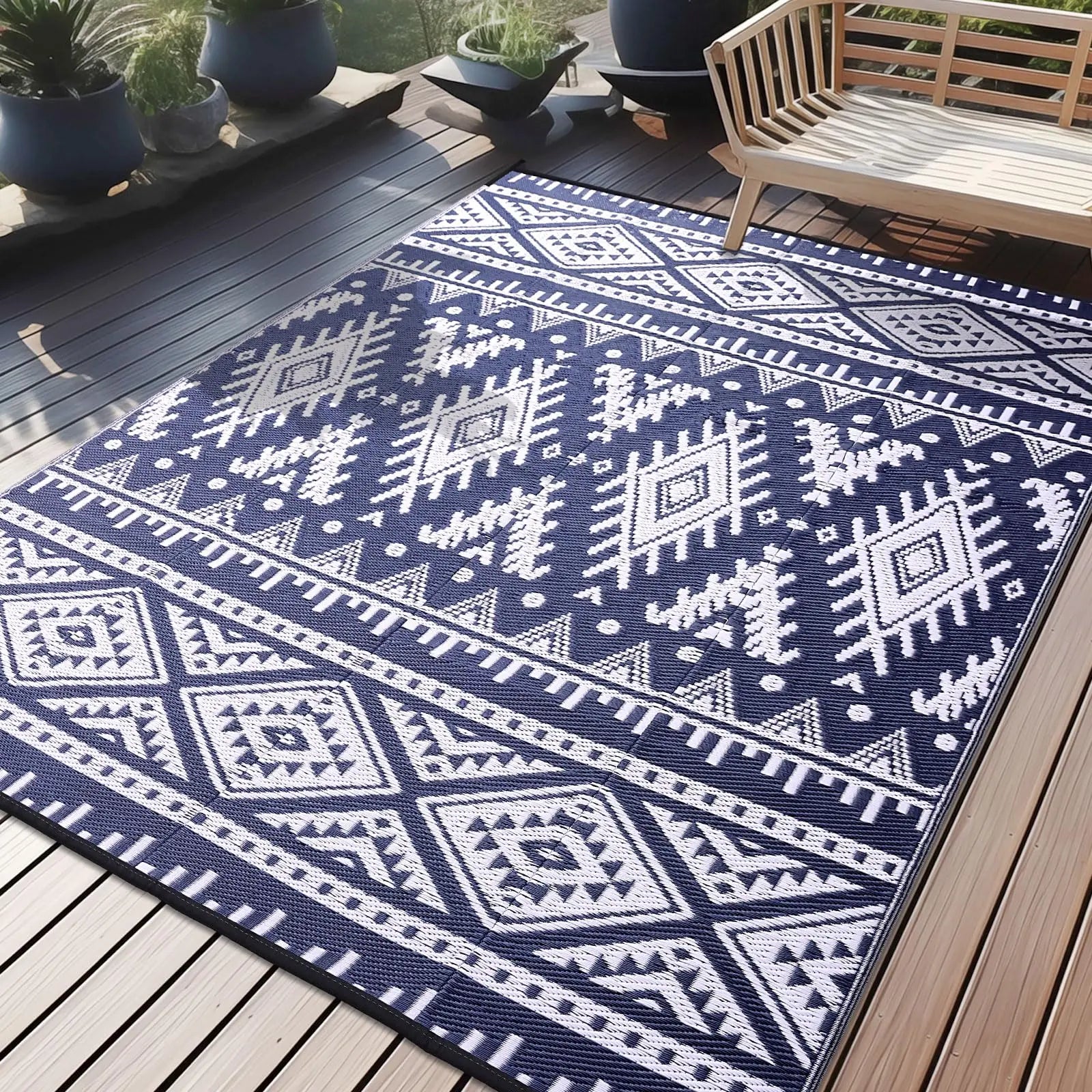 Buitenkleed Gevlochten Plastic Zwart Wit Bohemian Omkeerbaar Terrakleed Campingmat Tuinkleed | Sansoti