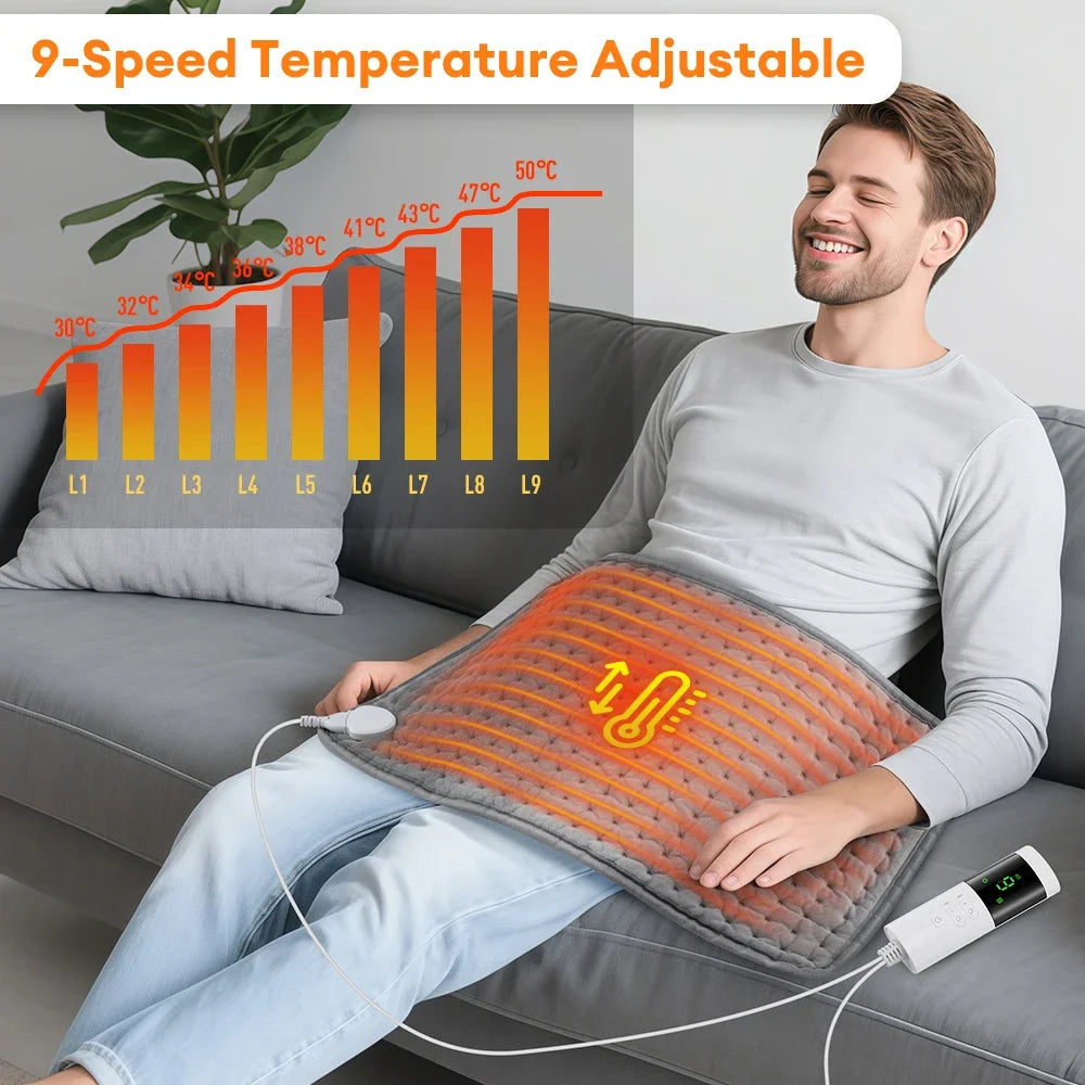 Elektrisch Verwarmingskussen 60x30cm Grijs Fluweelzacht 9 Warmtestanden Timer Rug Benen Buik Bureau Thuis | Sansoti