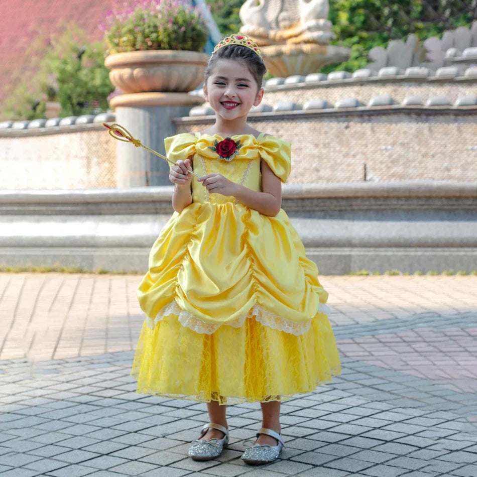 Prinsessenjurk voor Kinderen Cosplay Kostuum met Tiara en Accessoires Geel | Sansoti