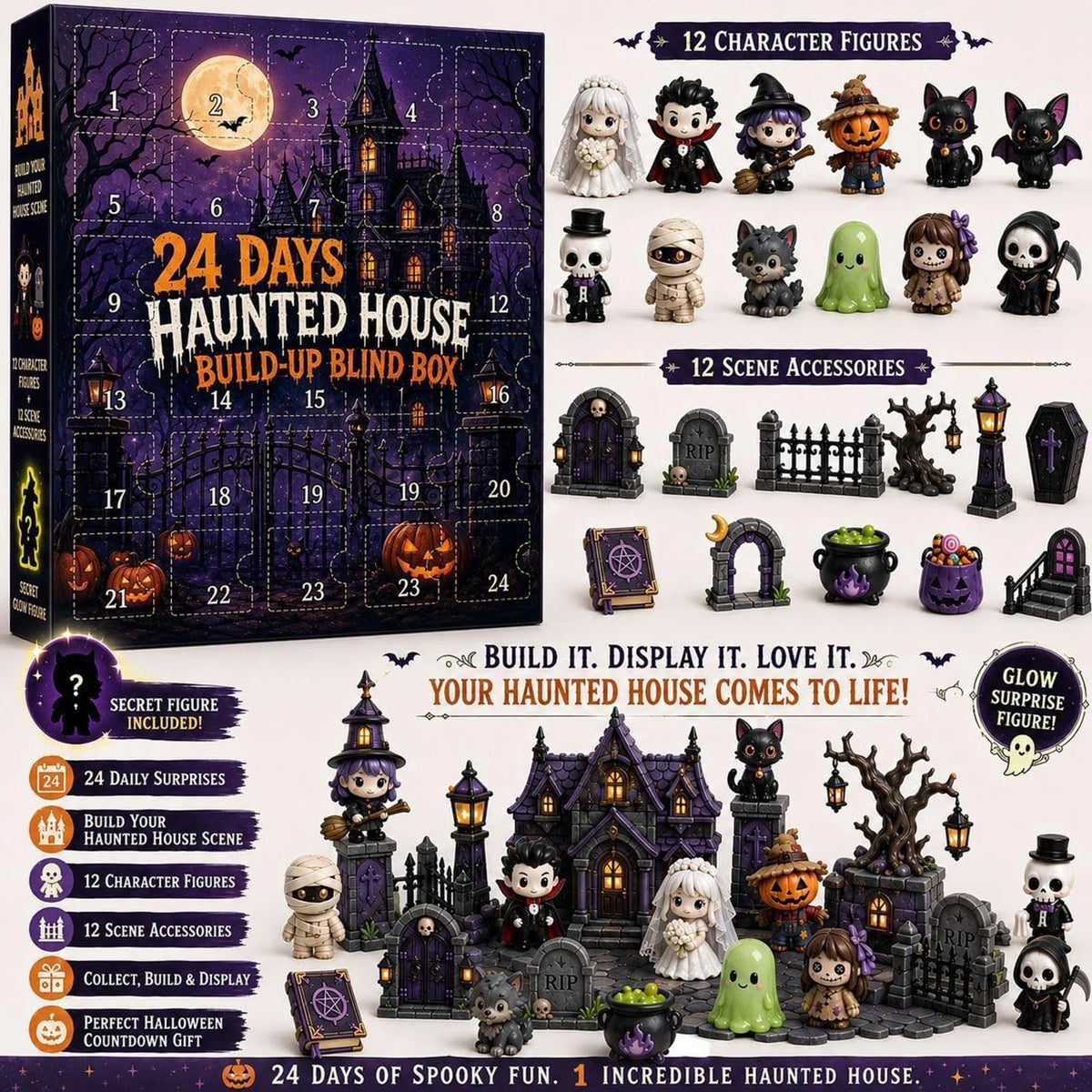 Adventskalender Halloween 24 Vakken PVC Figuren Spookhuis Thema Decoratie Countdown Kinderen Verzamelbaar | Sansoti