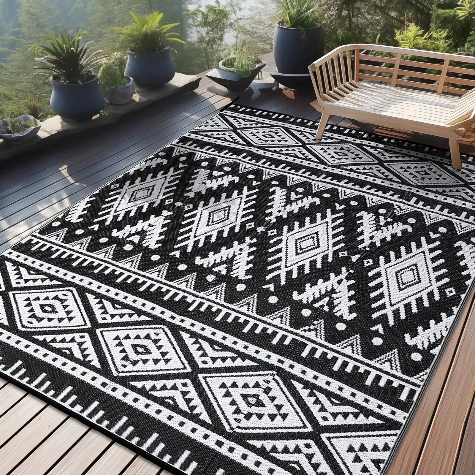 Buitenkleed Gevlochten Plastic Zwart Wit Bohemian Omkeerbaar Terrakleed Campingmat Tuinkleed | Sansoti
